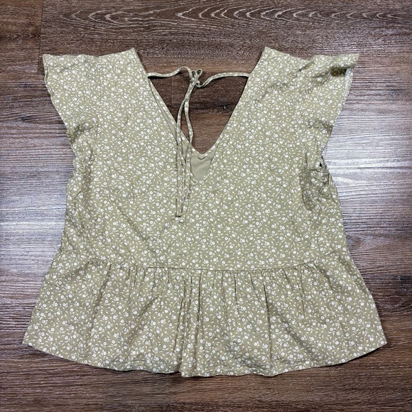 Abercrombie & Fitch Blouse Women's S Green Cap Sleeve V-Neck Peplum Floral Lace - Picture 3 of 6